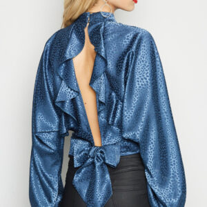 Navy Jacquard Spot Satin Ruffle Back